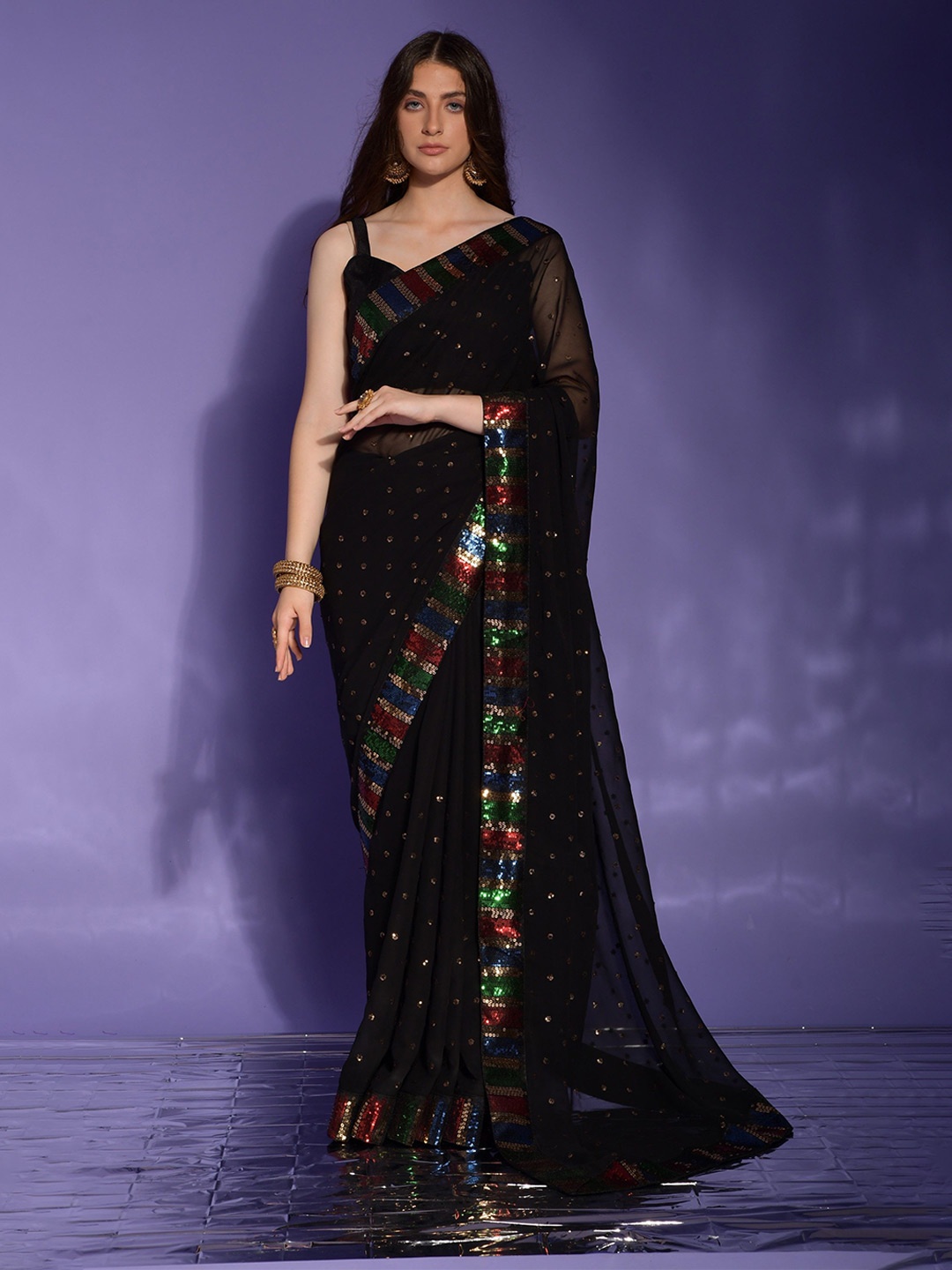 

Panzora Women Embellished Sequinned Saree, Black