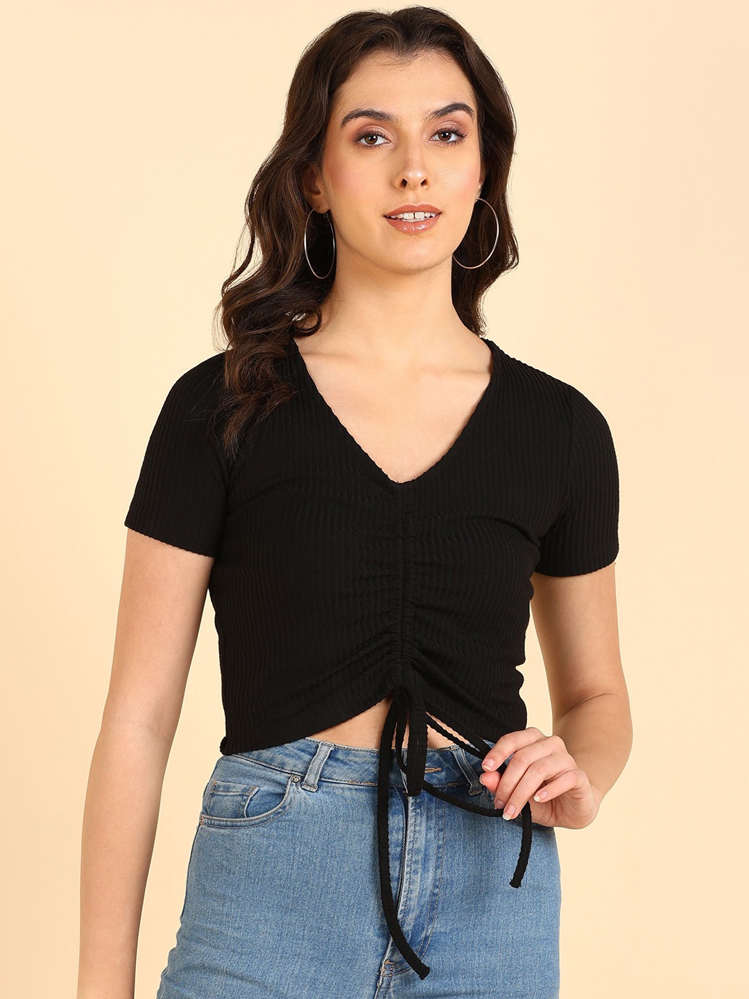 

SAFFE Solid Half Sleeve Fitted Casual Top, Black