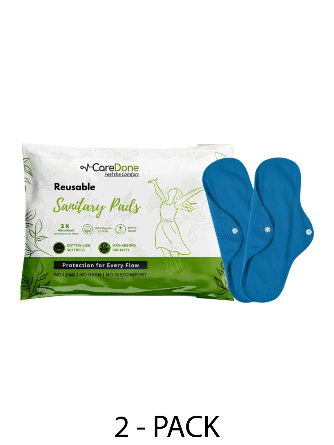 

CareDone Set Of 2 Reusable 100% Organic Cotton Sanitary Cloth Pads - XL, Blue