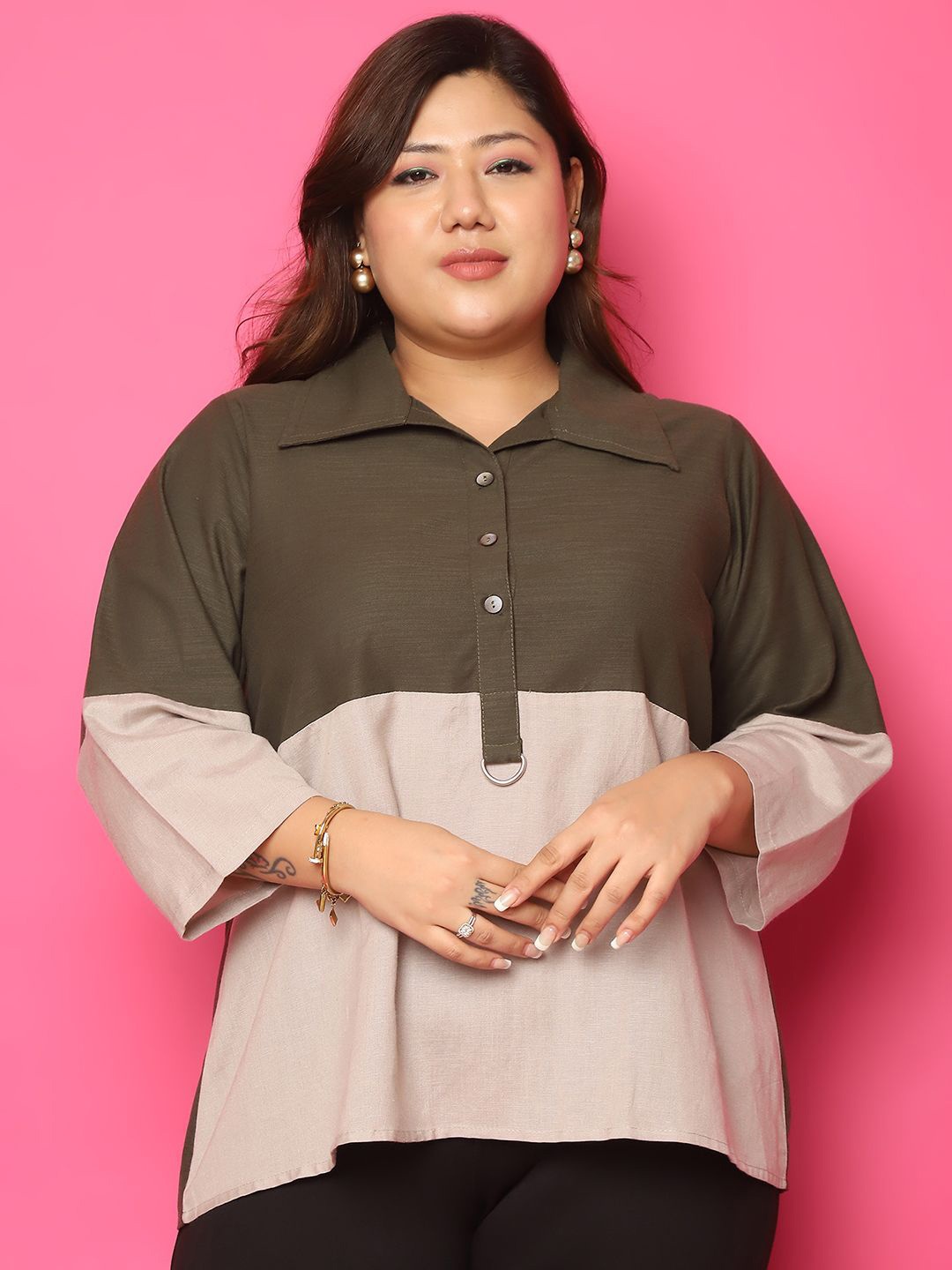 

theRebelinme Colourblocked Linen Shirt Style Top, Olive