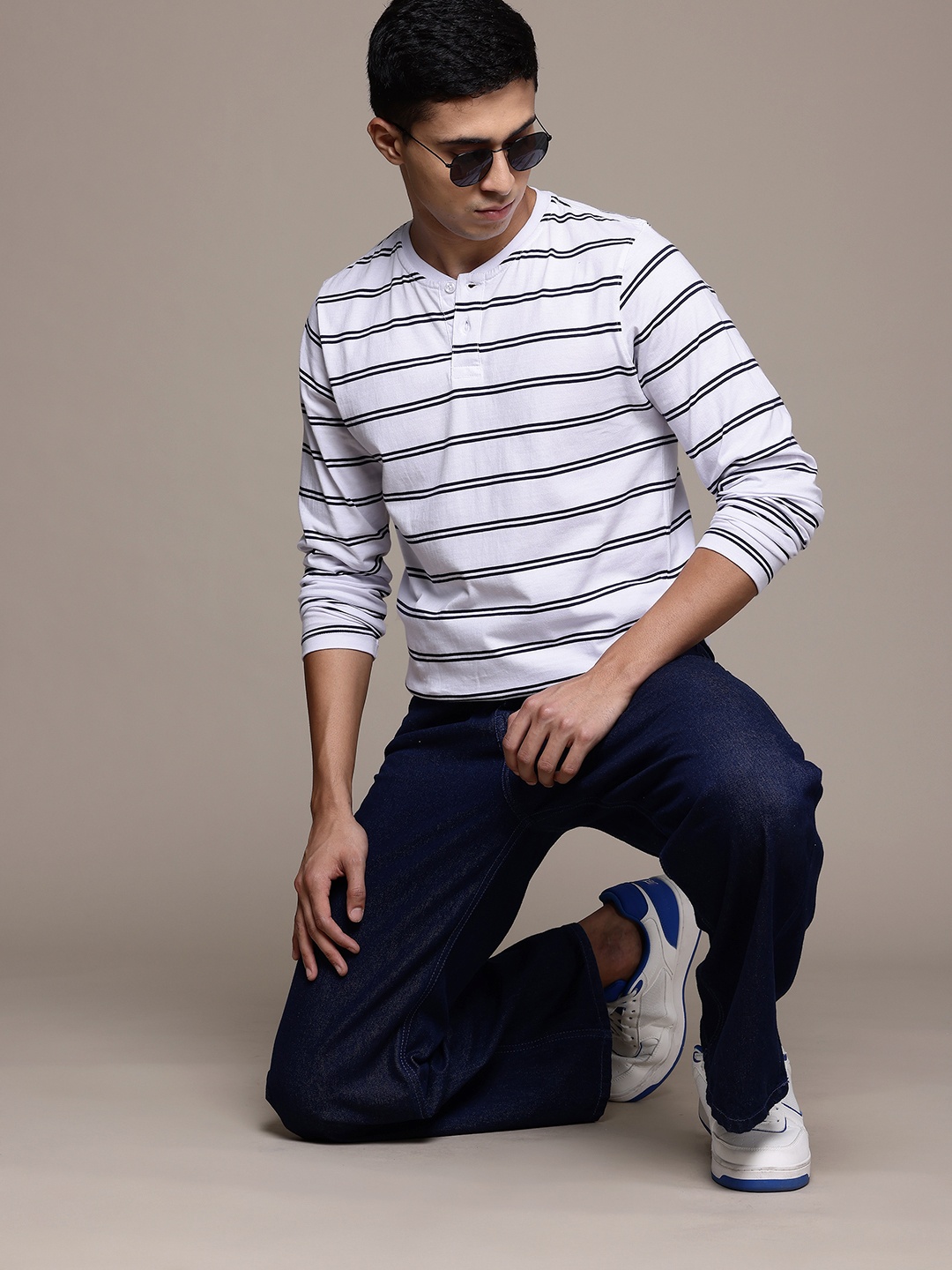 

The Roadster Lifestyle Co. Striped Henley Neck Pure Cotton T-shirt, White