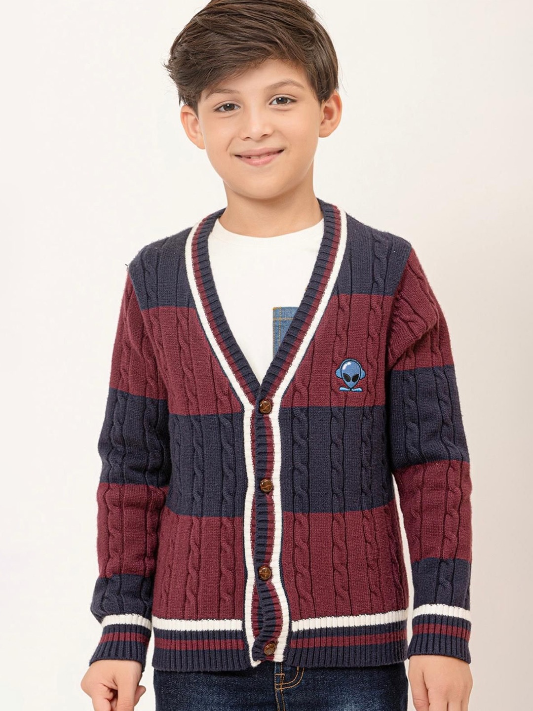 

One Friday Boys Colourblocked Striped Pullover, Navy blue