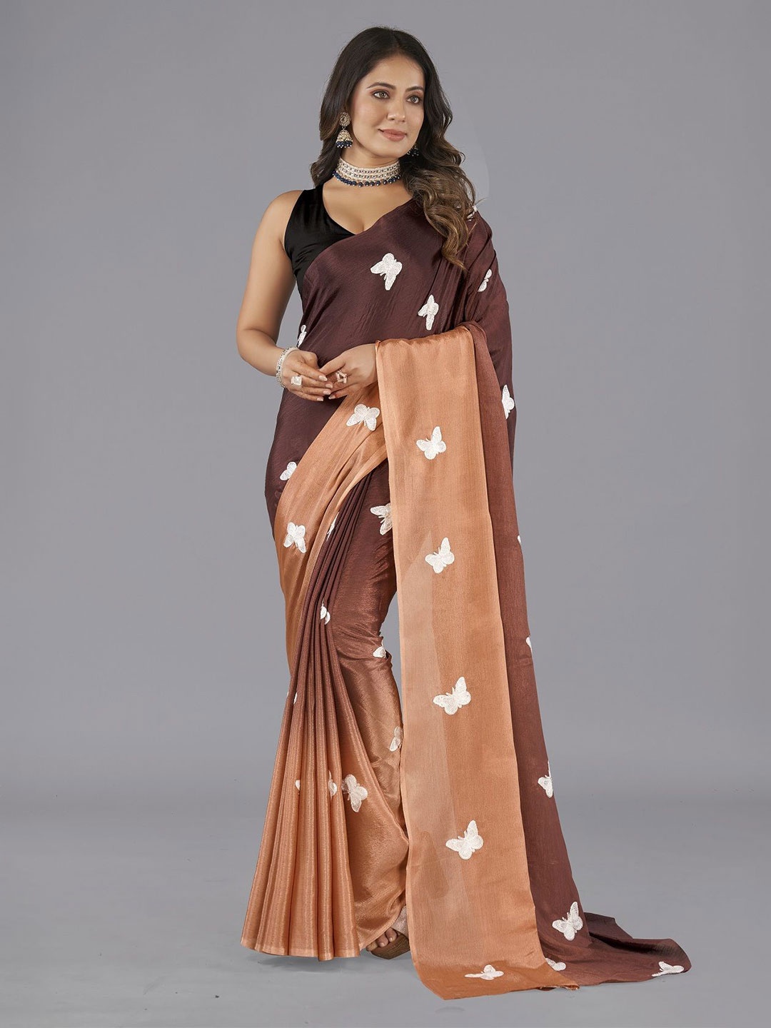 

APNISHA Embellished Embroidered Pure Chiffon Saree, Brown