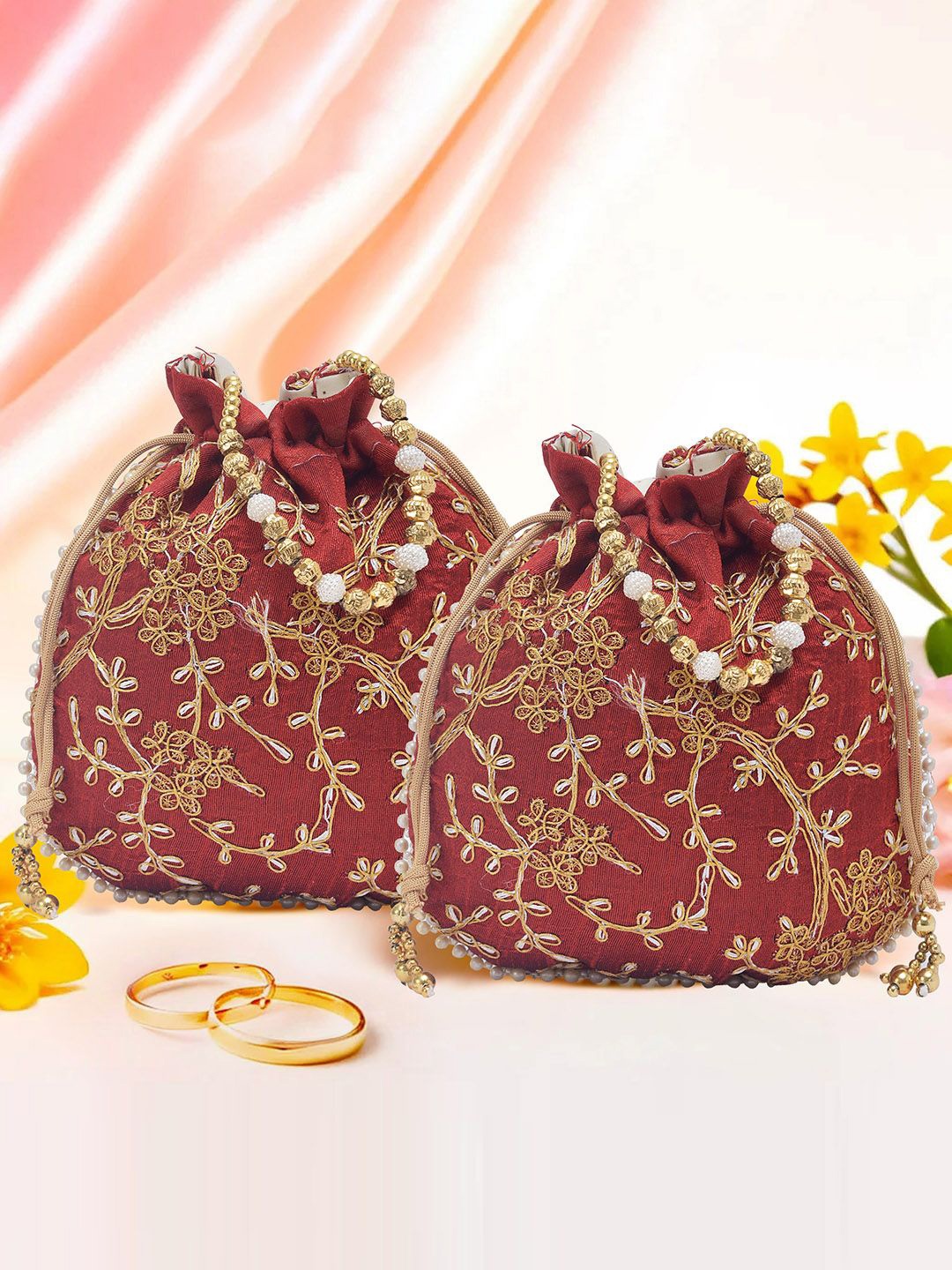 

Kuber Industries Set Of 2 Embroidered Potli Clutches, Red