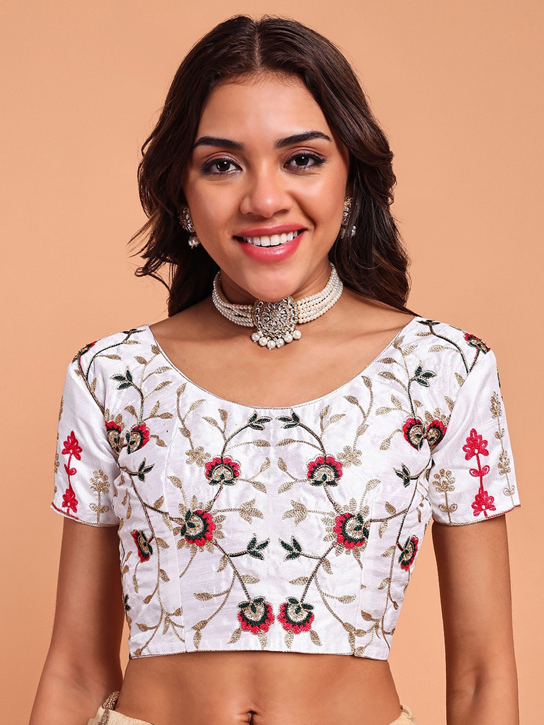 

Globon Impex Embroidered Silk Saree Blouse, White