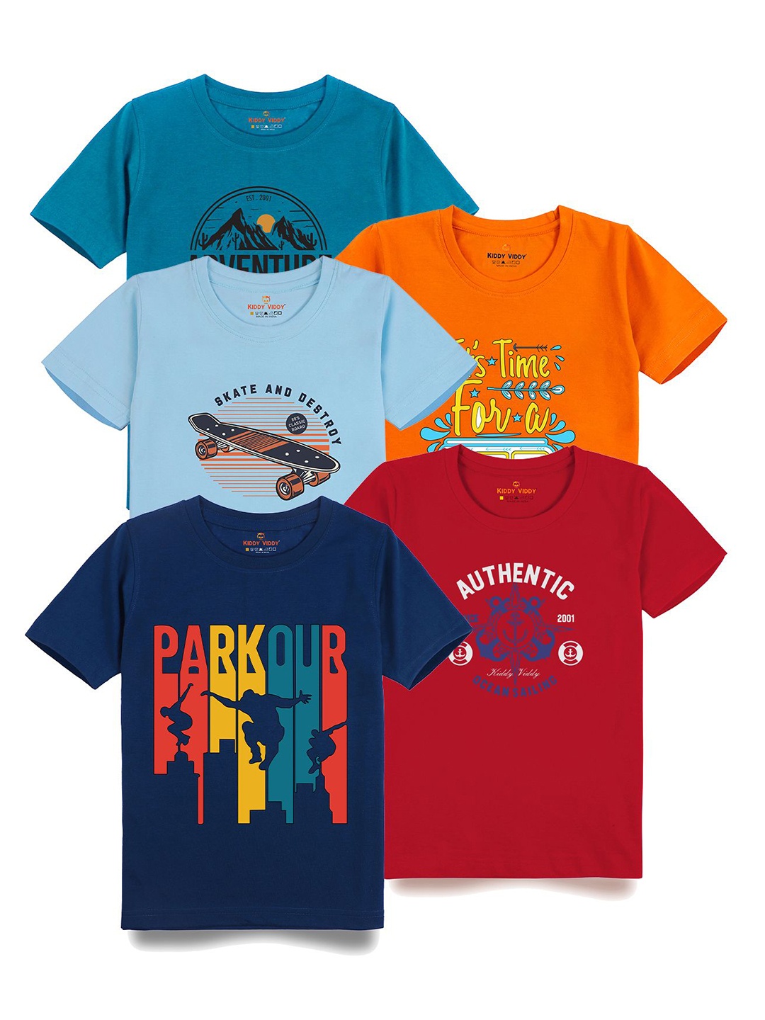 

AUSK Boys Pack Of 5 Graphic Printed Round Neck Cotton T-Shirts, Orange