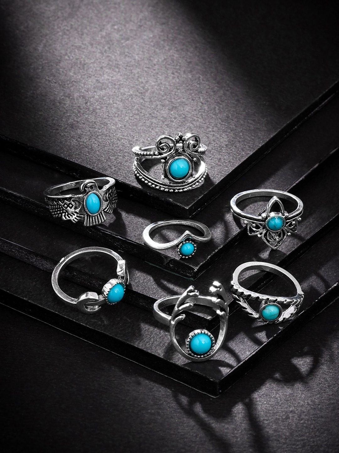 

Yellow Chimes Set Of 7 Silver-Plated Boho Style Knuckle Stackable Finger Rings