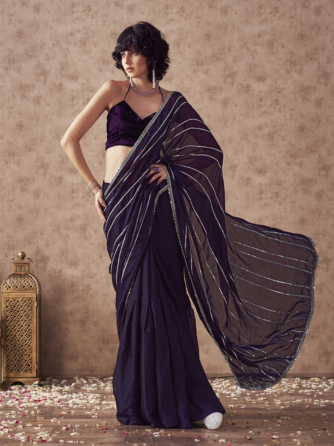 

Tikhi Imli Striped Gotta Patti Saree, Violet