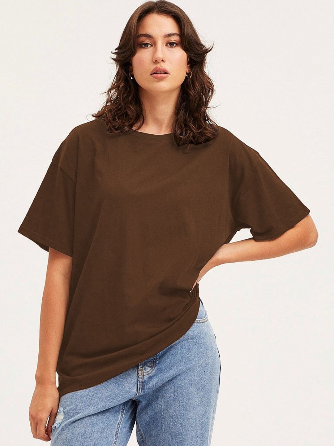 

Genzy Women Drop-Shoulder Sleeves Pockets T-shirt, Brown