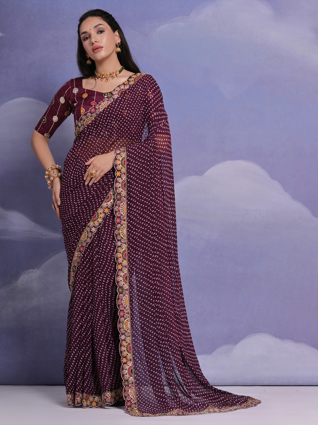 

Panzora Bandhani Sequinned Saree, Purple