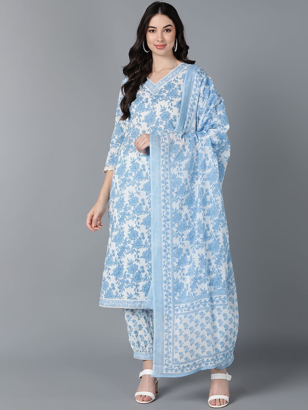 

KALINI Floral Printed V-Neck Pure Cotton Kurta With Salwar & Dupatta, White