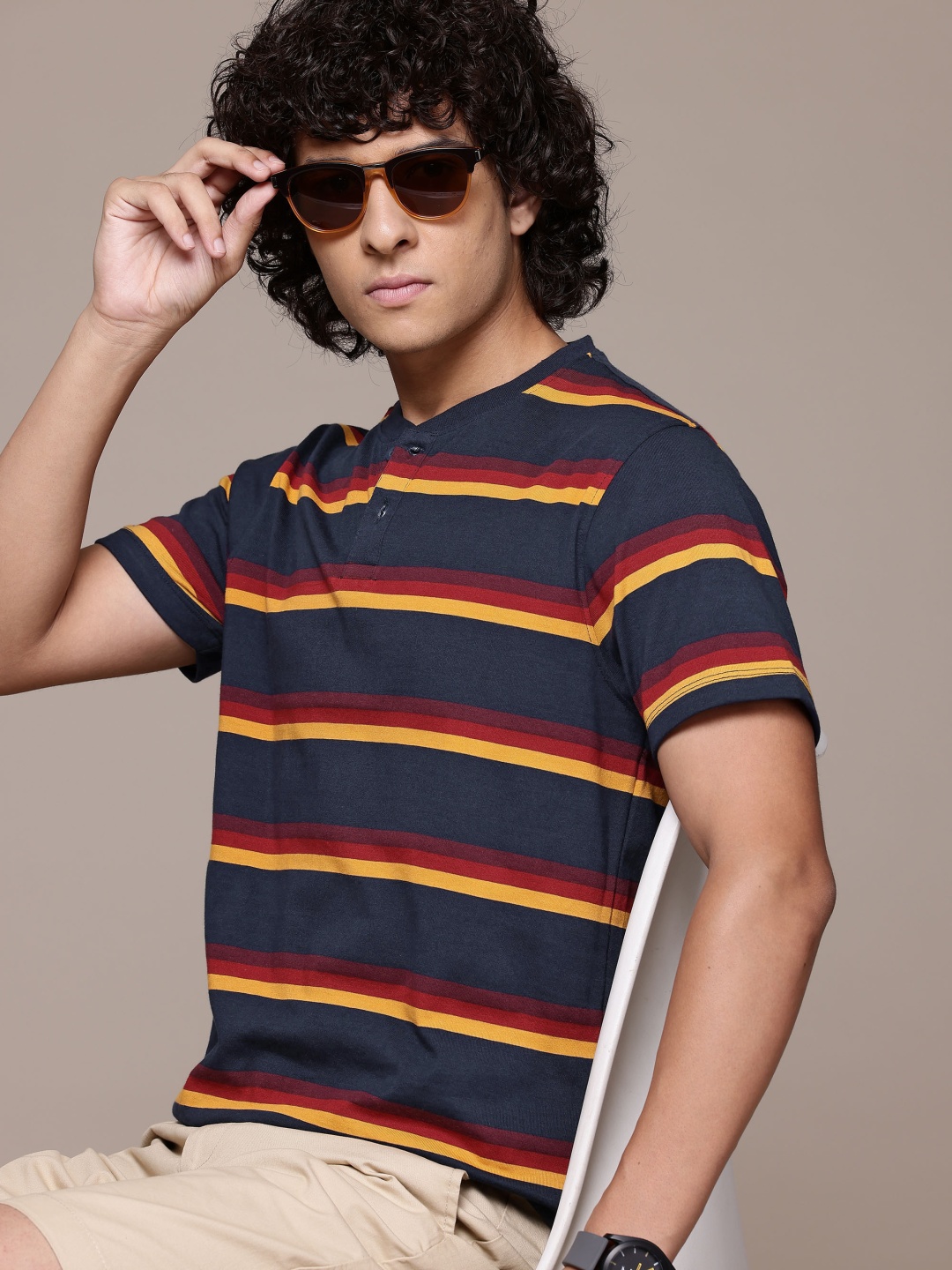 

Roadster Striped Henley Neck T-shirt, Navy blue