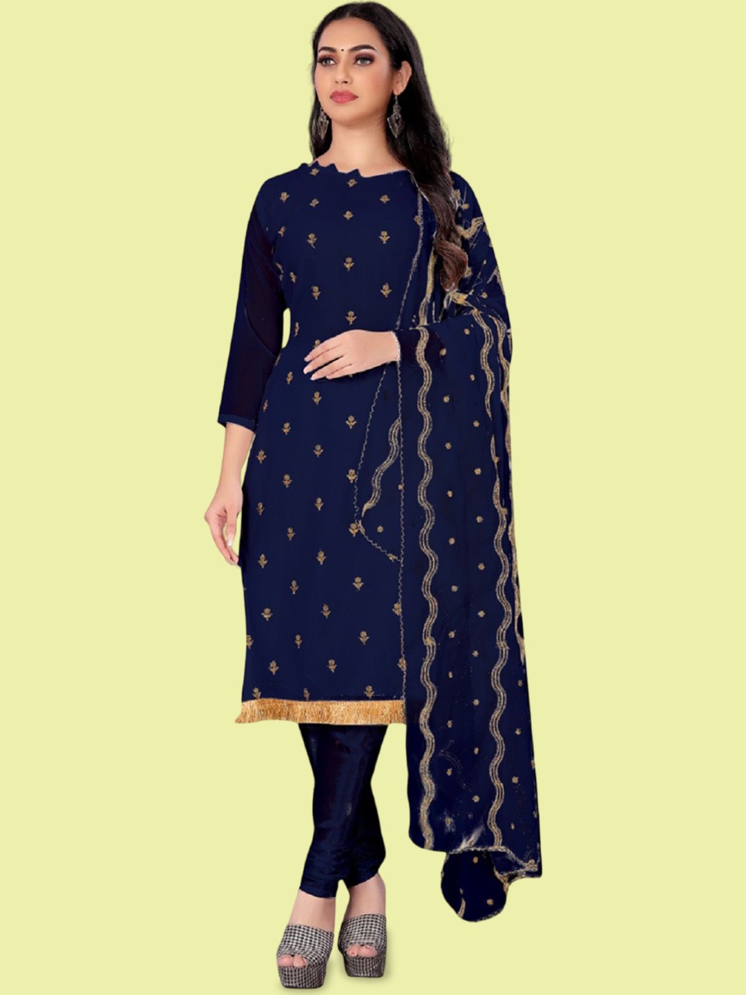 

APNISHA Floral Embroidered Thread Work Silk Georgette Unstitched Dress Material, Navy blue