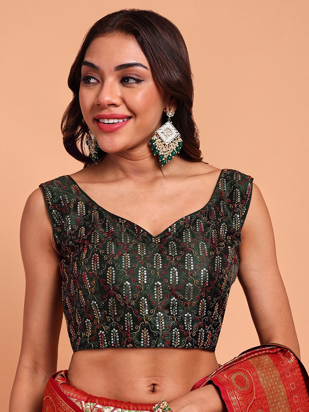 

Globon Impex Sweetheart Neck Sequined Embellished Saree Blouse, Green