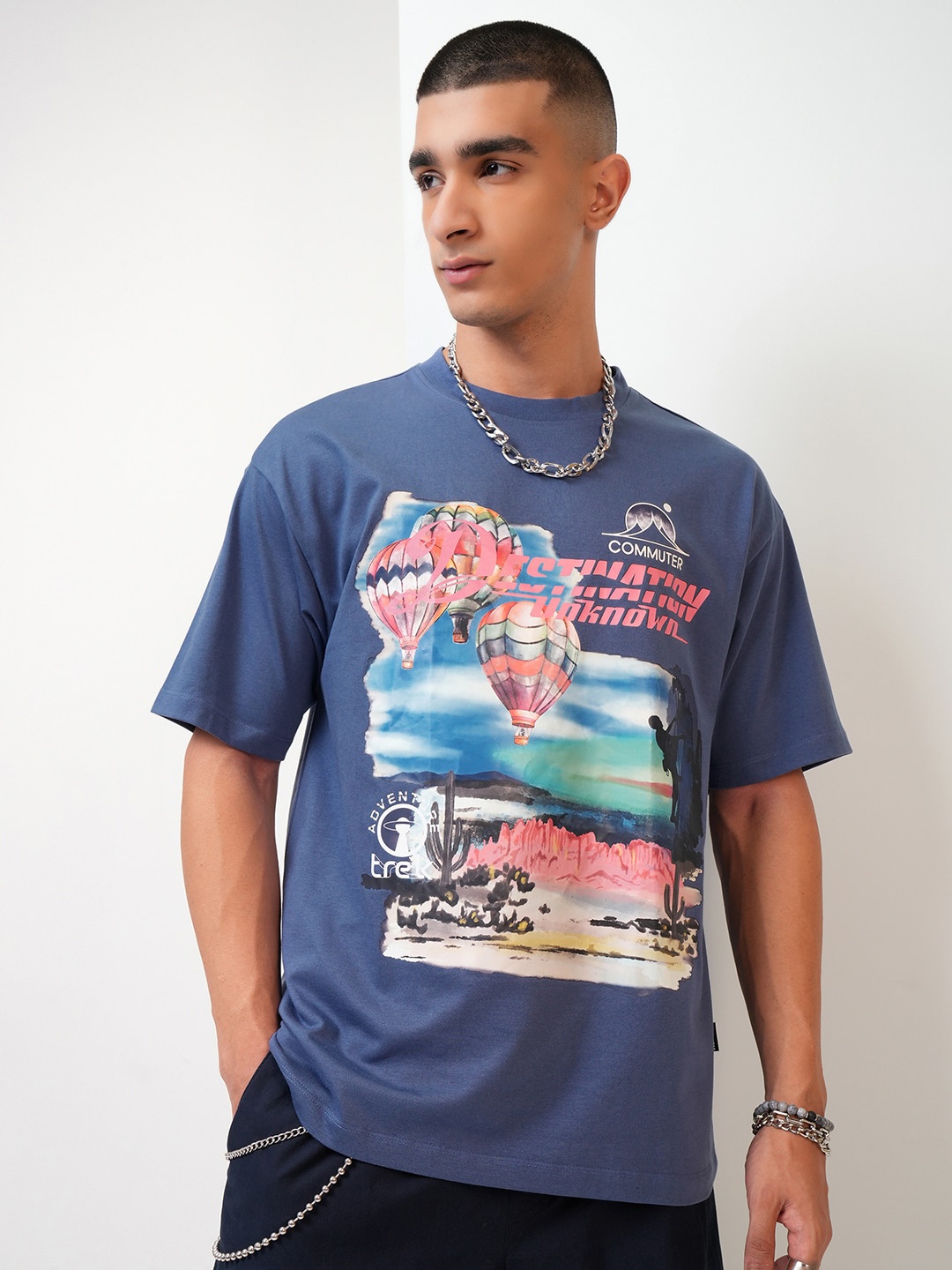 

HIGHLANDER Graphic Printed Drop Shoulder Sleeves Relaxed Fit T-shirt, Blue