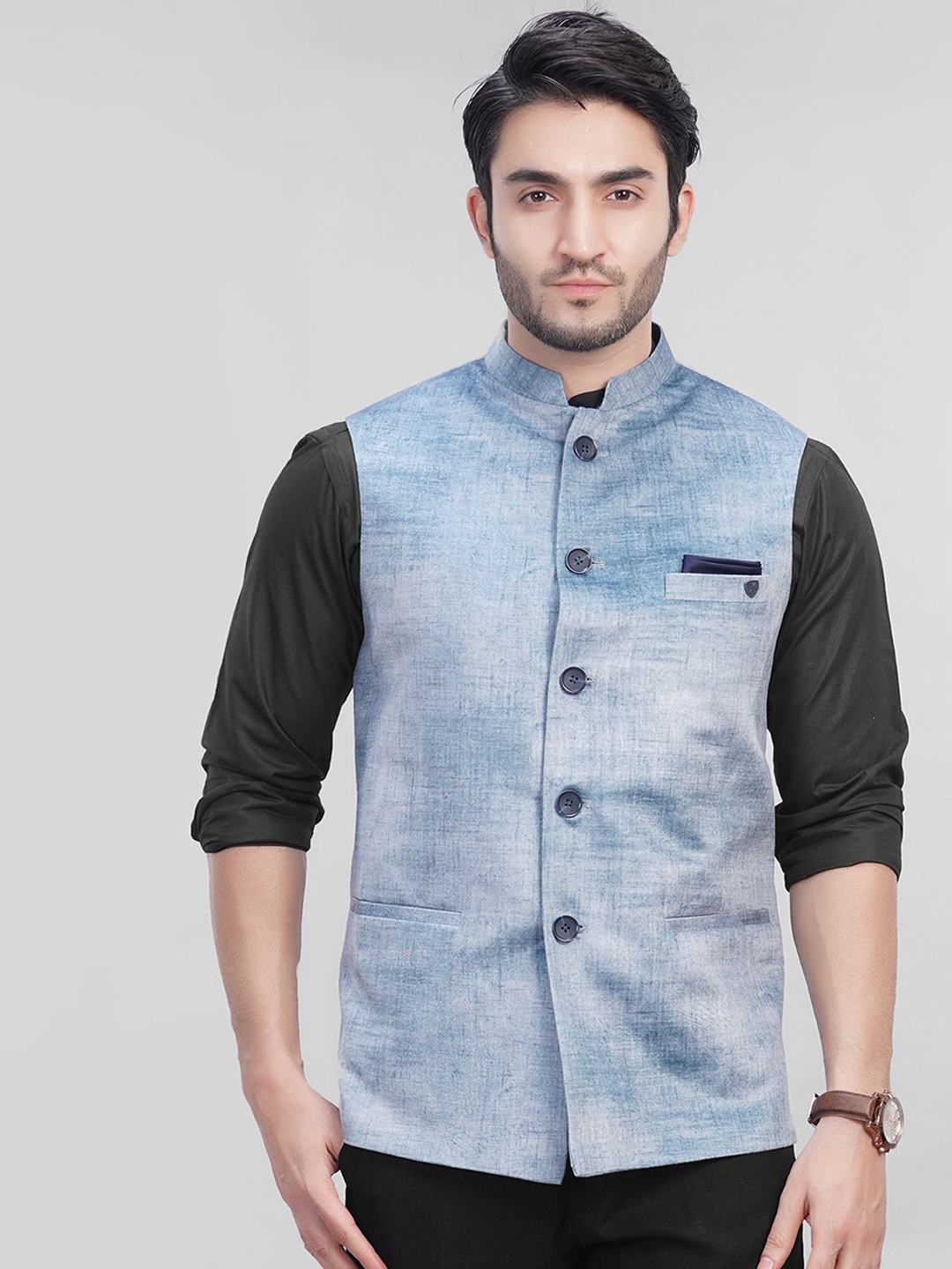 

LA'SCOOT Printed Nehru Jacket, Blue