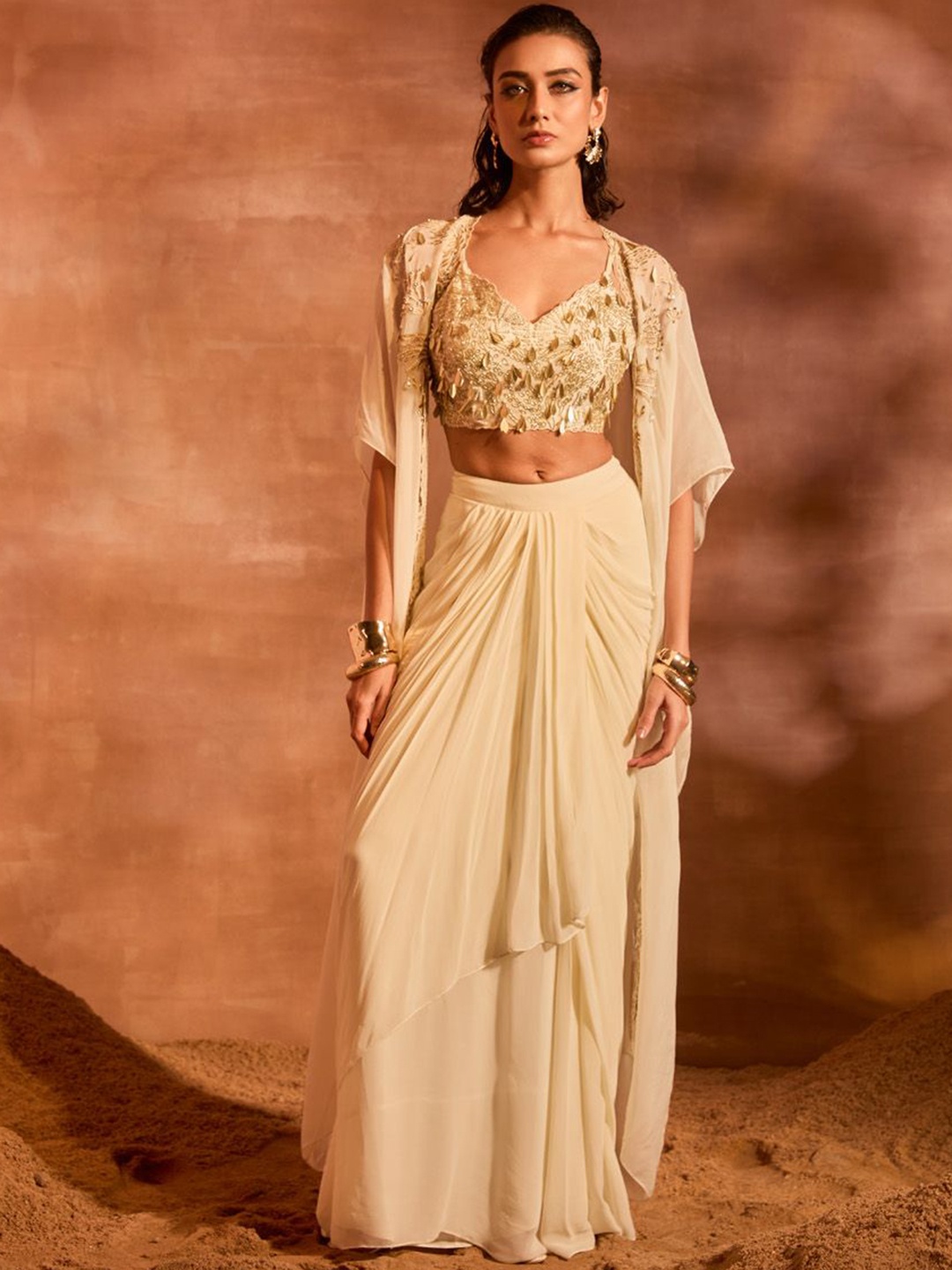 

DIVYA AGGARWAL Embellished Top With Skirt & Front Open Shrug, Off white