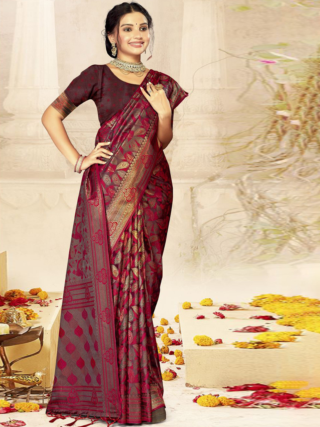 

Ishin Floral Printed Zari Satin Saree, Purple