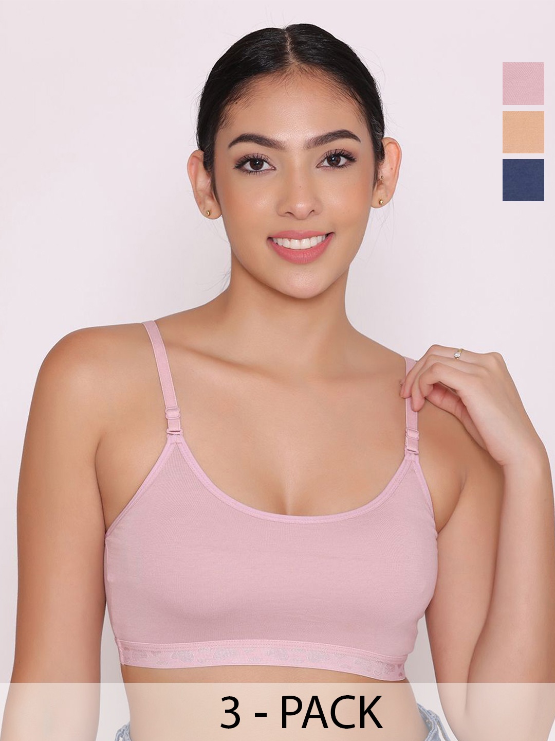 

INKURV Pack Of 3 Women Solid Non Padded Full Coverage Bra, Beige