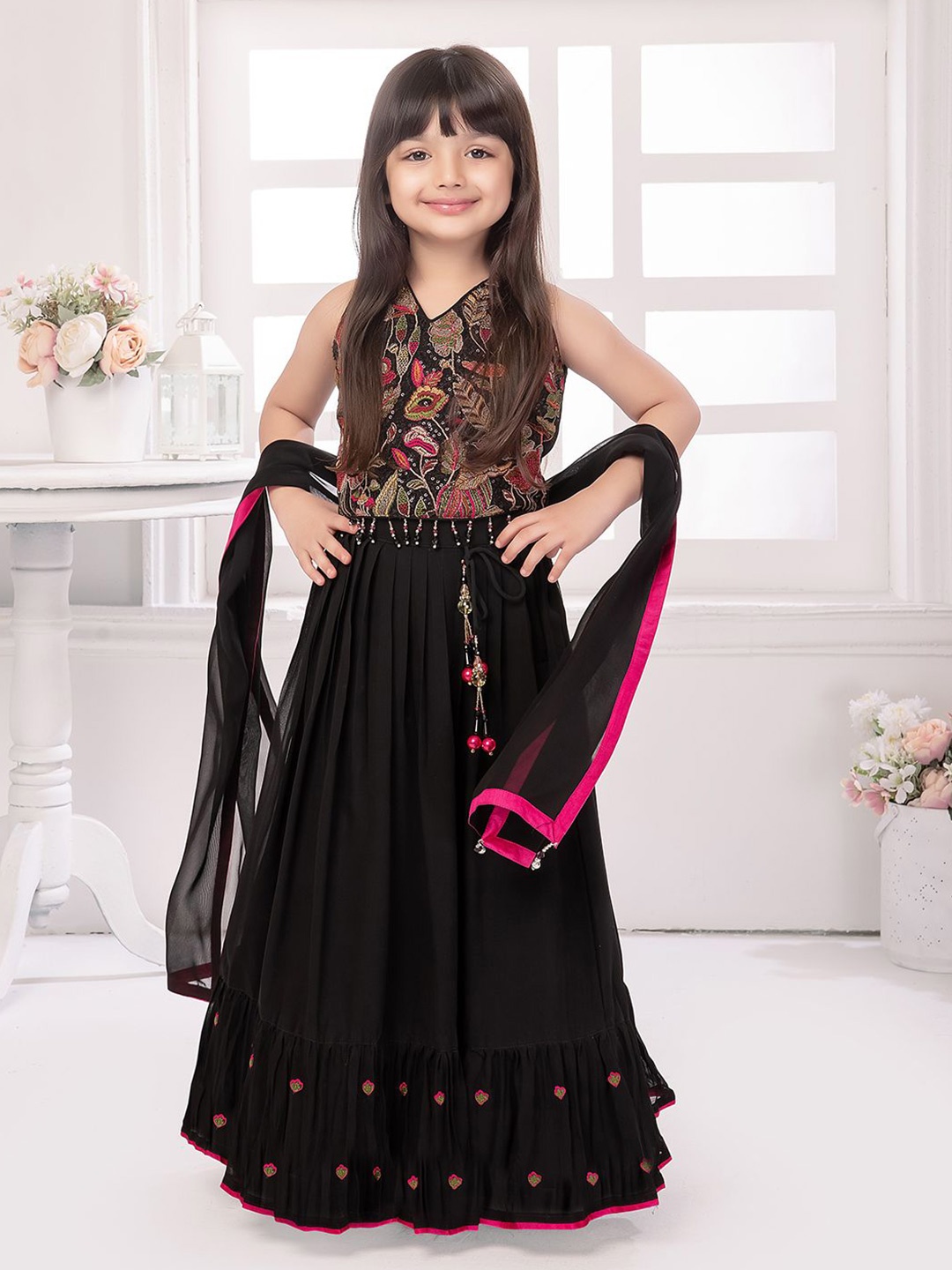 

Tiny Kingdom Girls Embroidered Sequinned Ready to Wear Lehenga & Blouse With Dupatta, Black