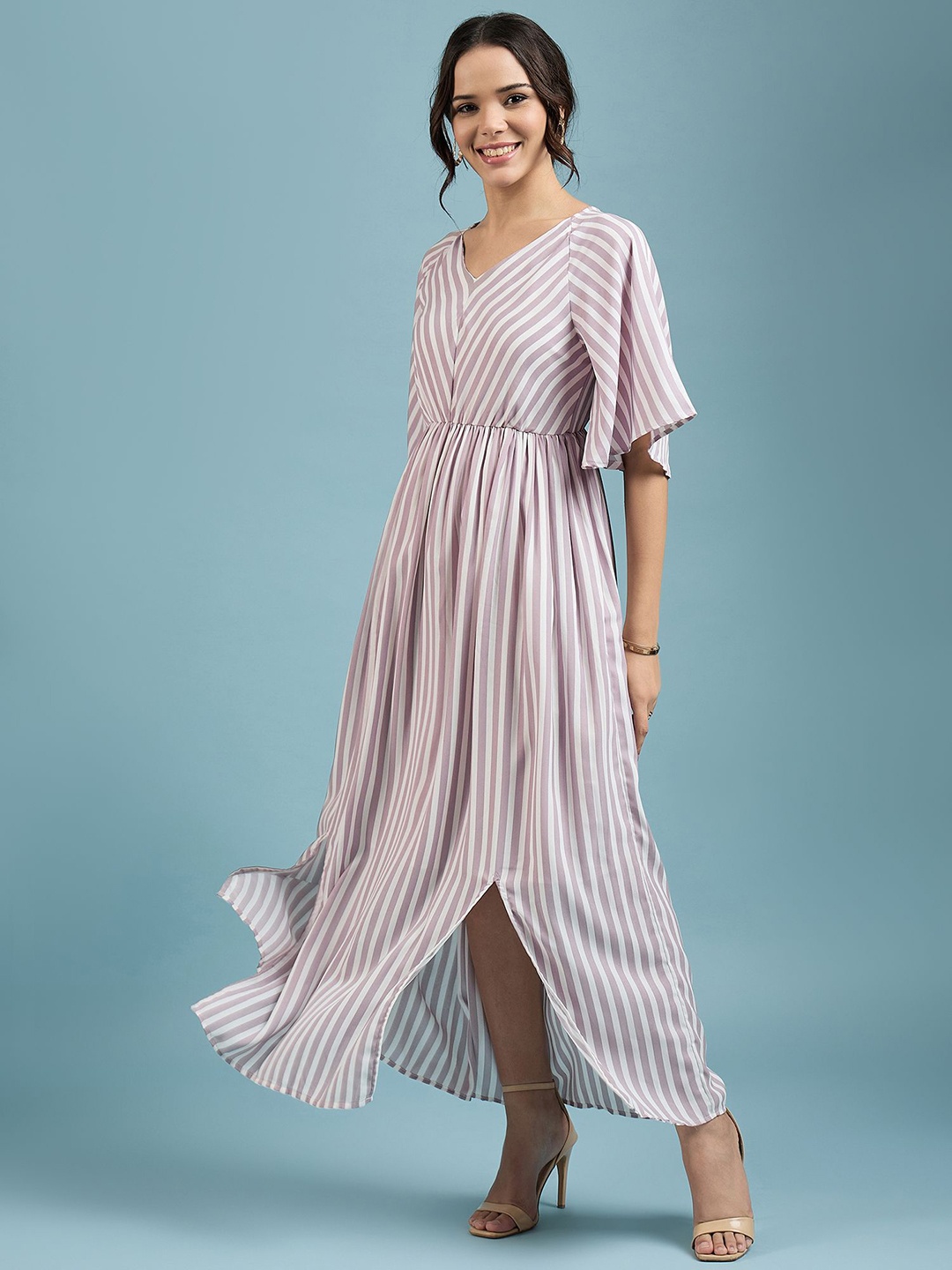 

DressBerry Striped Flared Sleeve Georgette A-Line Maxi Dress, Pink