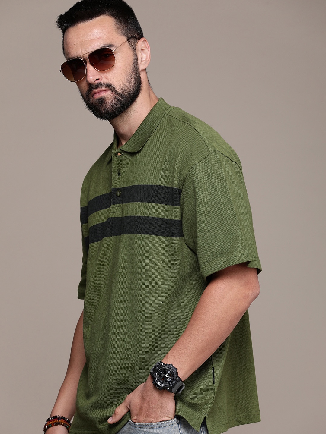 

The Roadster Life Co. Striped Polo Collar Drop-Shoulder Sleeves Pure Cotton T-shirt, Green