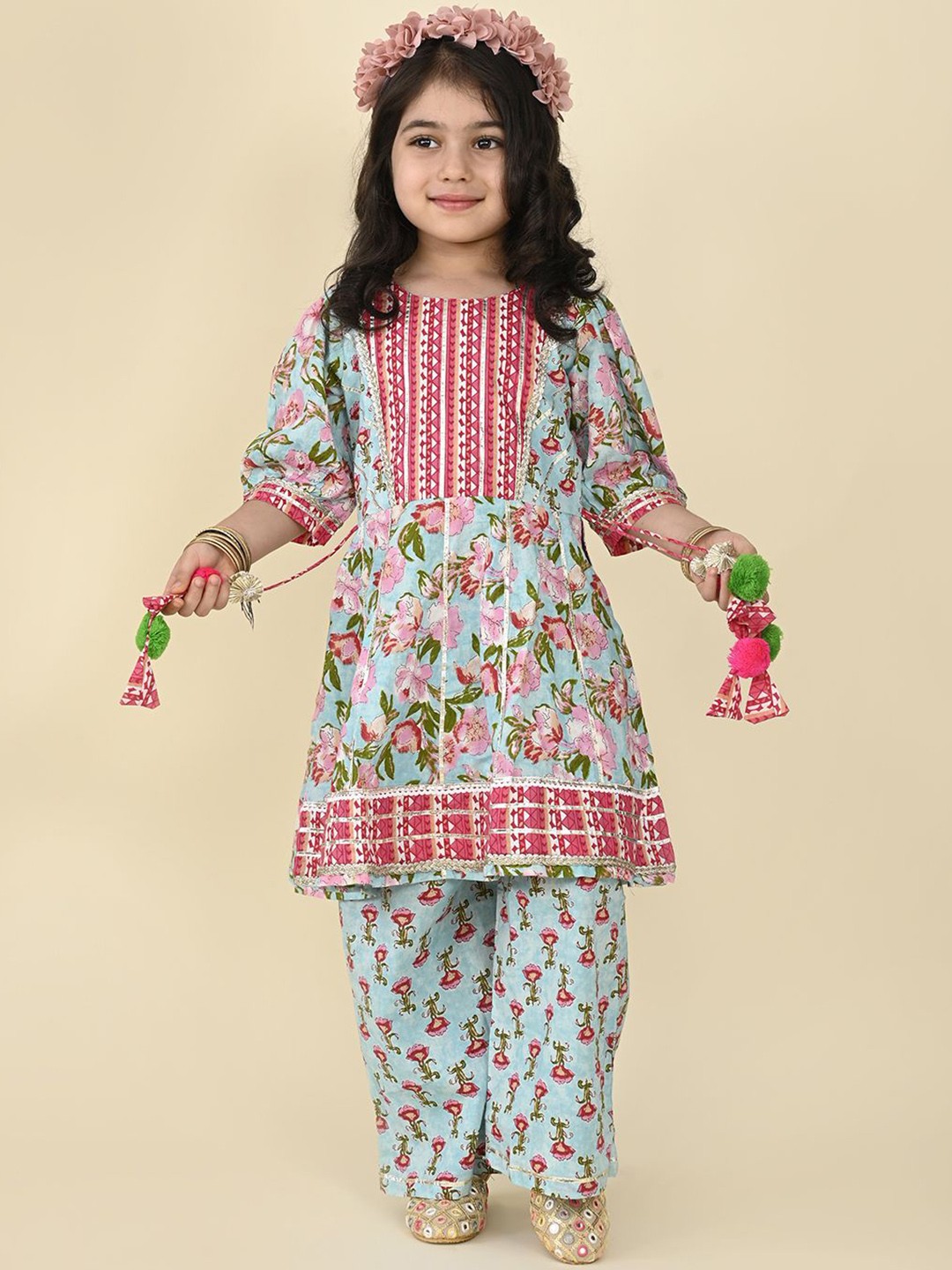 

LIL PITAARA Girls Floral Printed Gotta Patti Pure Cotton Kurti with Palazzos, Blue