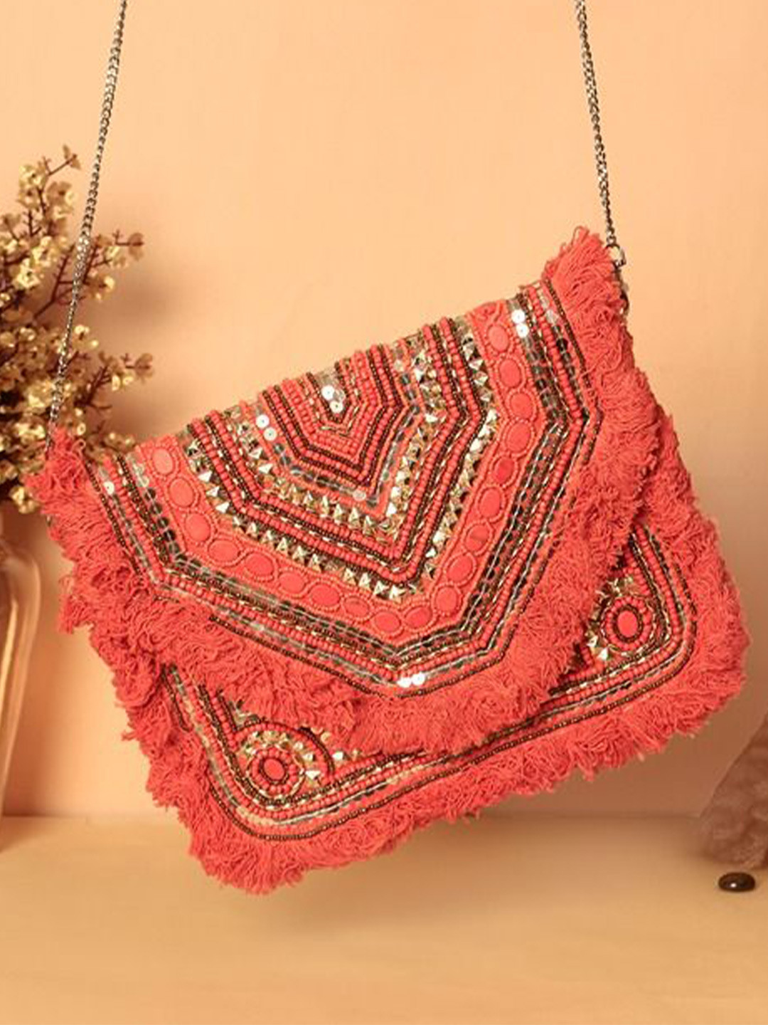 

Swisni Embroidered Envelope Banjara Boho Clutch, Orange