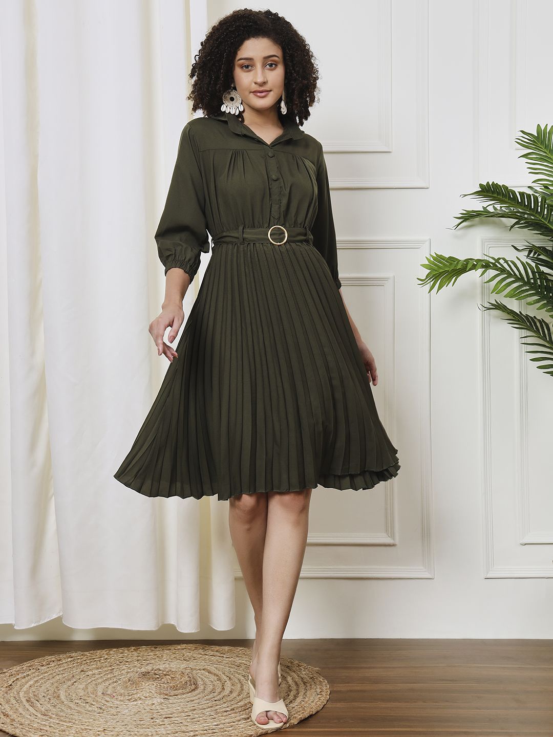 

CARTYSHOP Solid Pleated Fit & Flare Midi Dress, Green