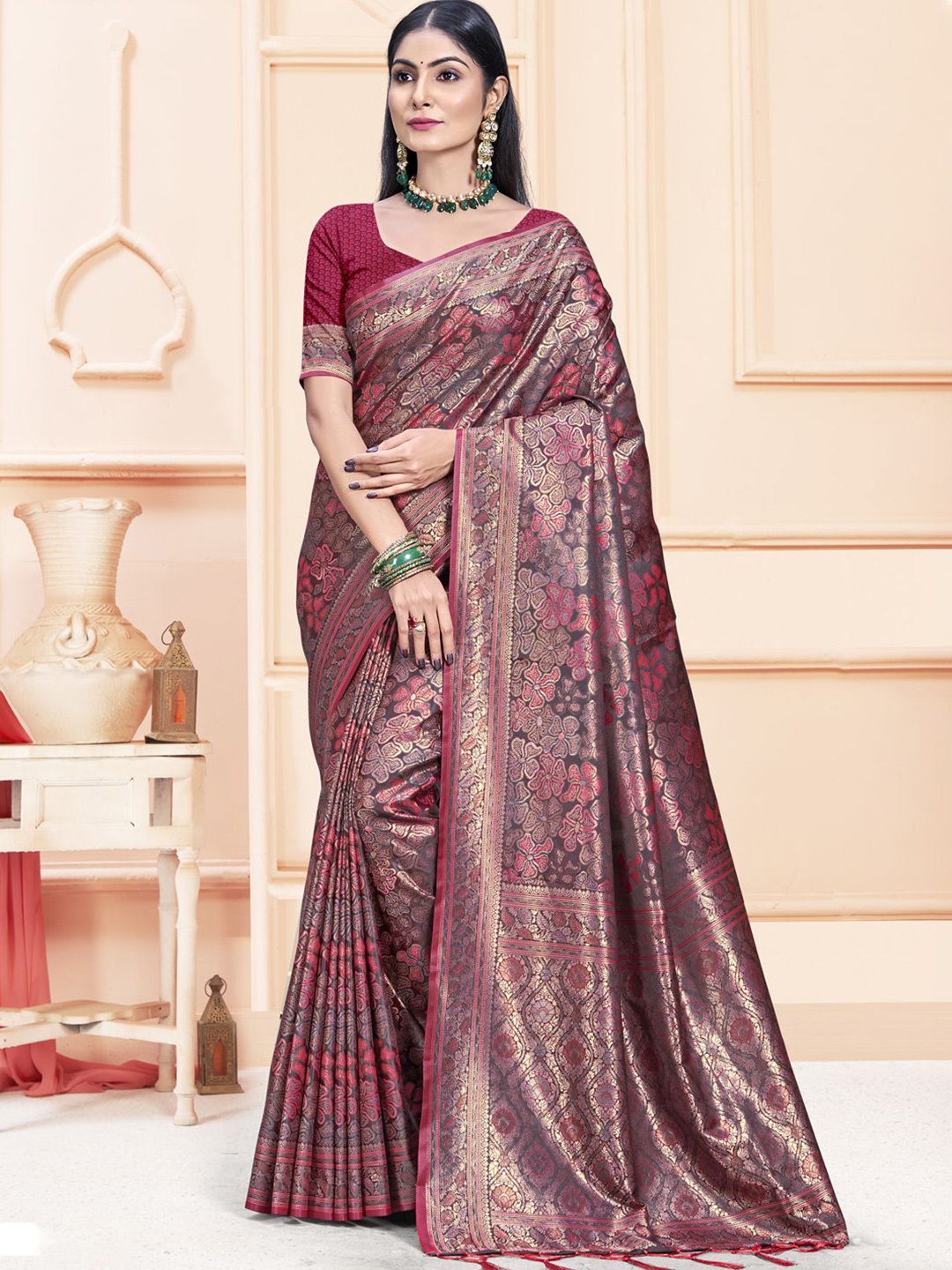 

Ishin Women Woven Design Zari Satin Saree, Magenta