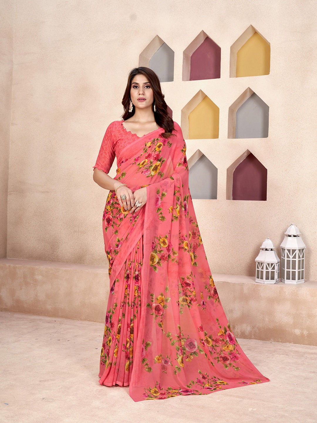 

VARNI FABRICS Floral Pure Georgette Saree, Pink
