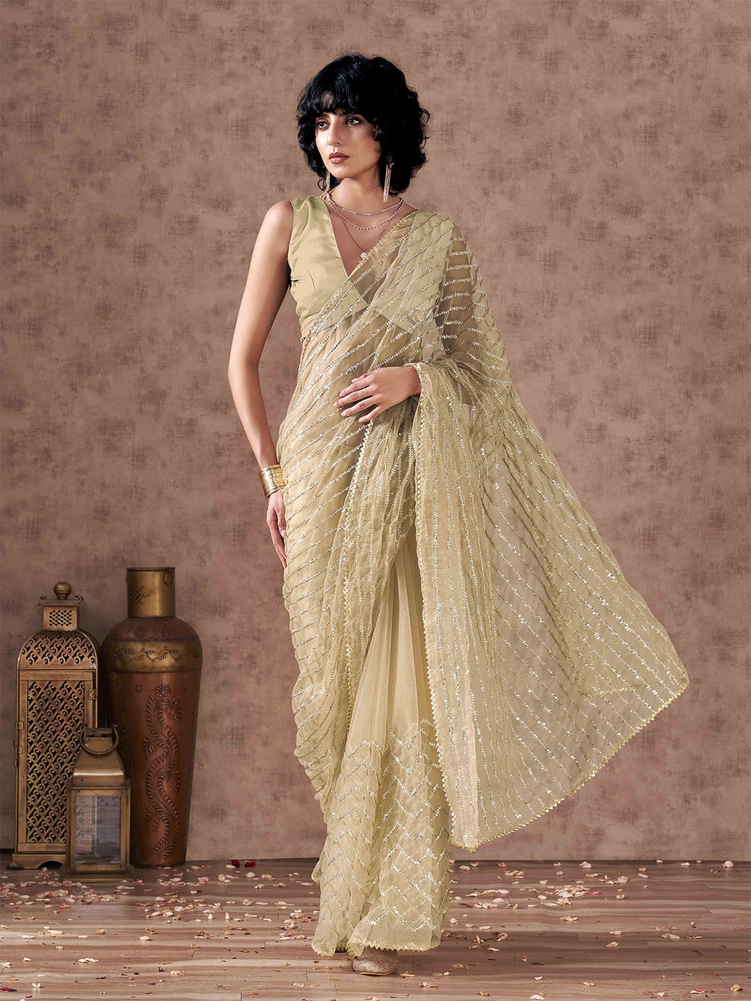 

Tikhi Imli Embellished Sequinned Net Heavy Work Saree, Beige