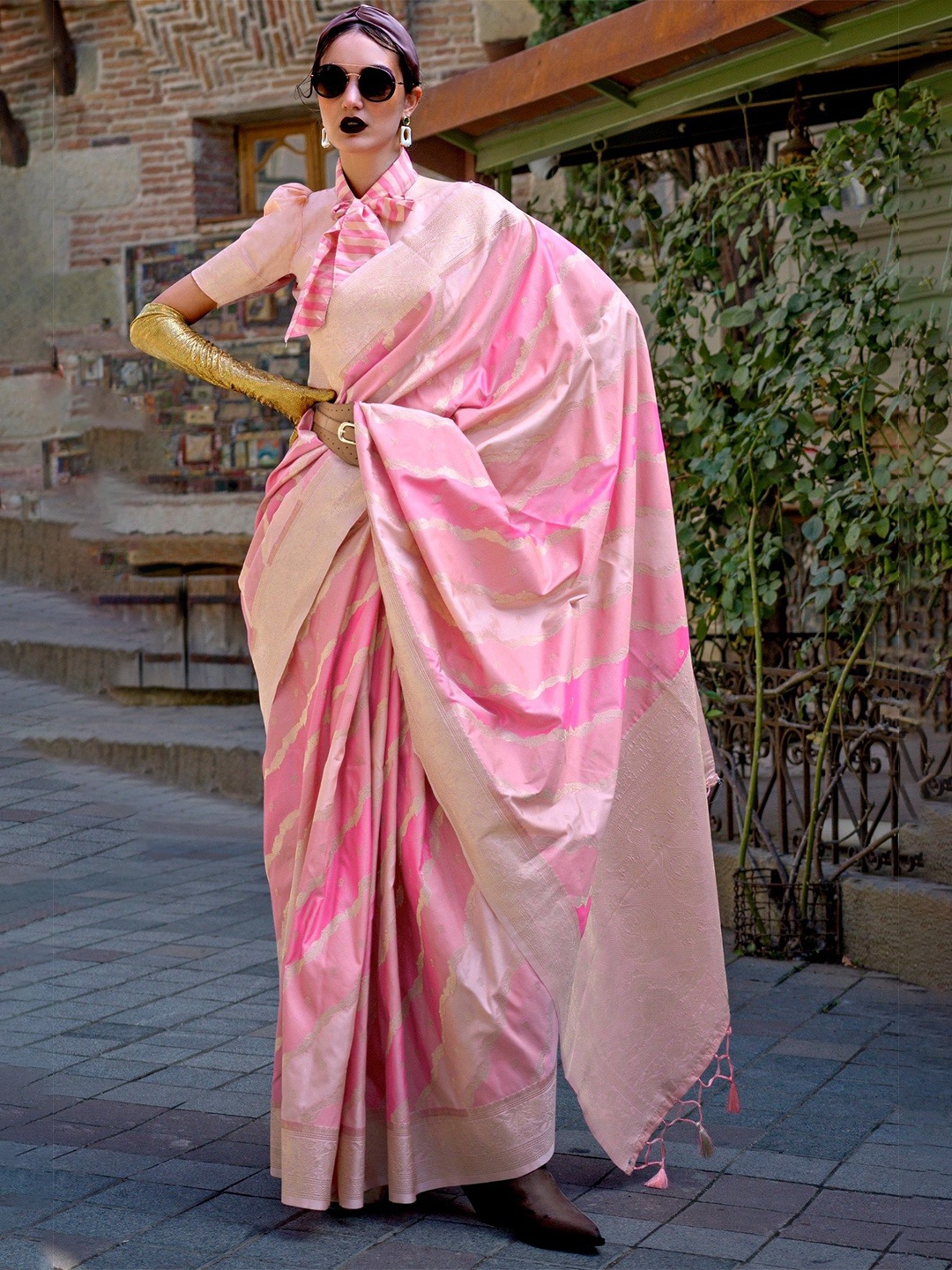

MySilkLove Striped Woven Design Zari Saree, Pink