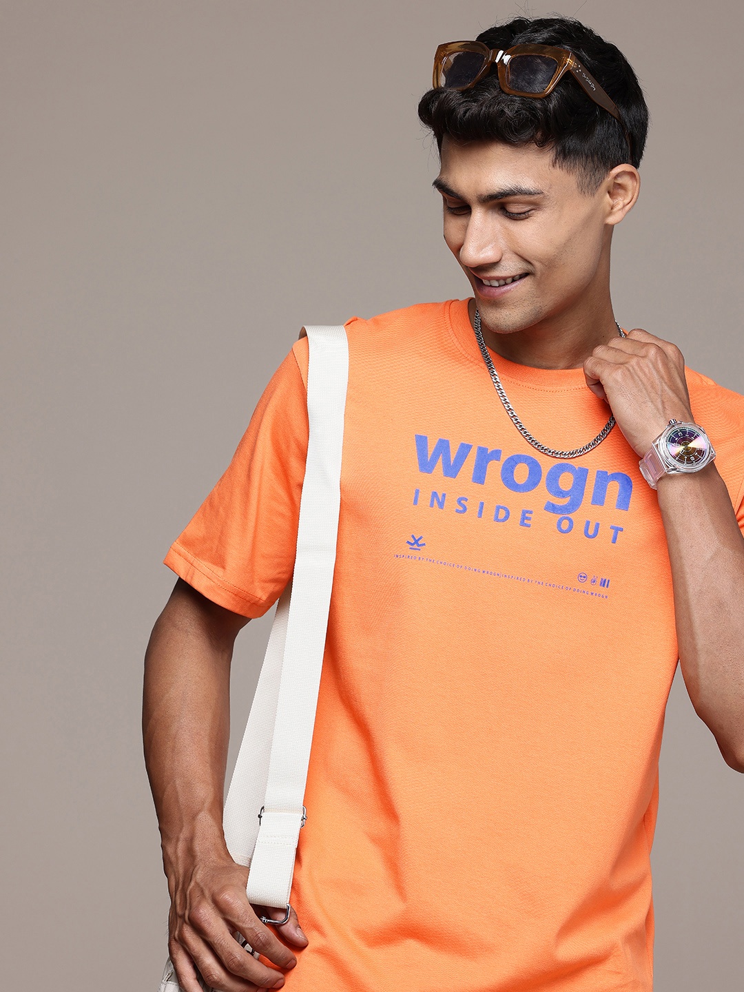 

WROGN Brand Logo Printed Pure Cotton T-shirt, Orange