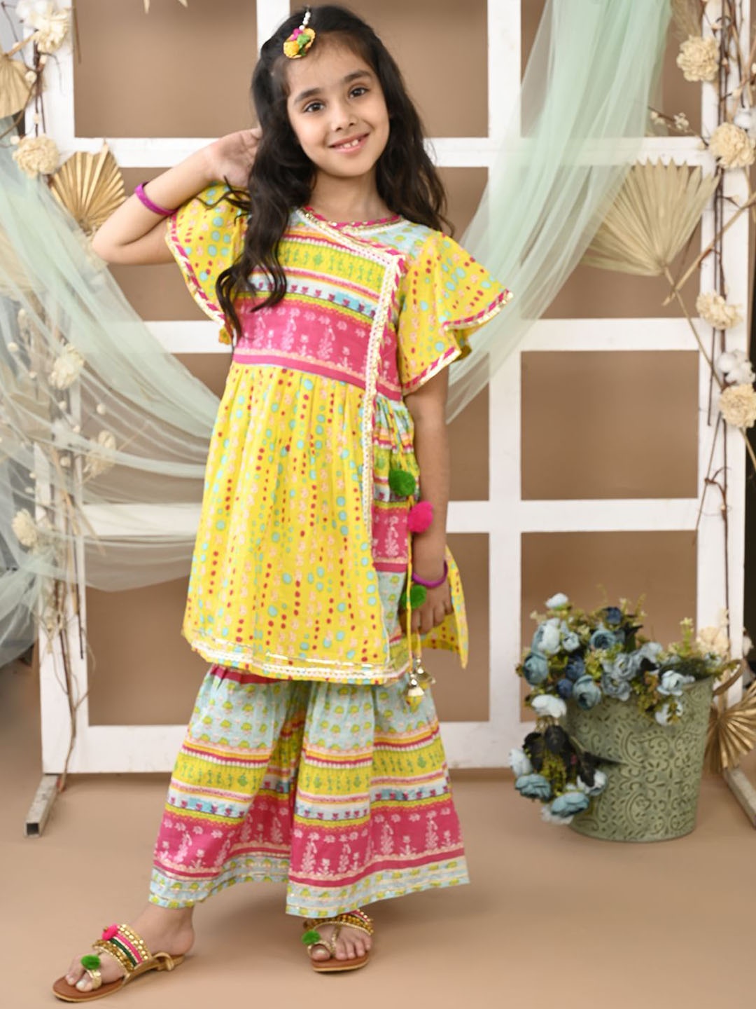 

LIL PITAARA Girls Floral Printed Angrakha Gotta Patti Pure Cotton Kurti With Sharara, Yellow