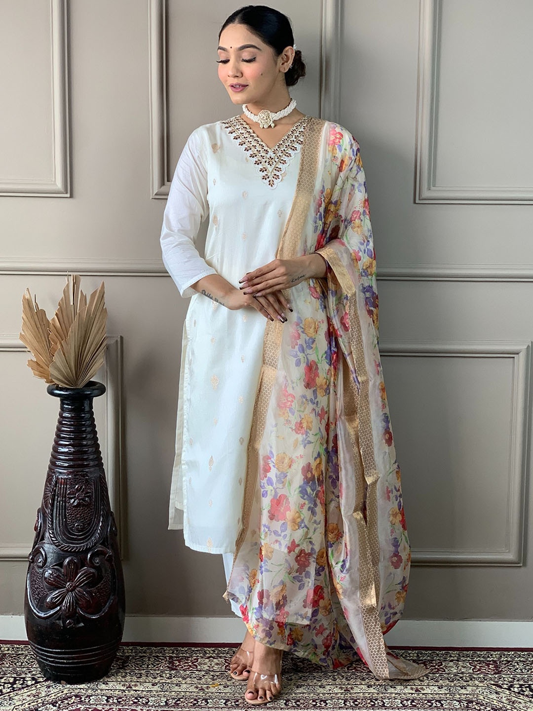 

NIZA FASHION Floral Embroidered Thread Work Chanderi Silk Kurta with Trousers & Dupatta, Cream