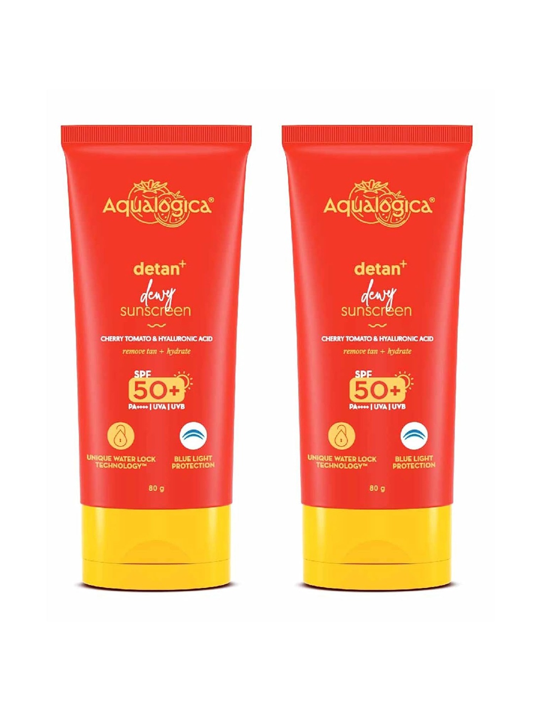 

Aqualogica Set Of 2 Detan+ Dewy Cherry Tomato Enriched Sunscreen SPF50 & PA++++ 80g Each, Red