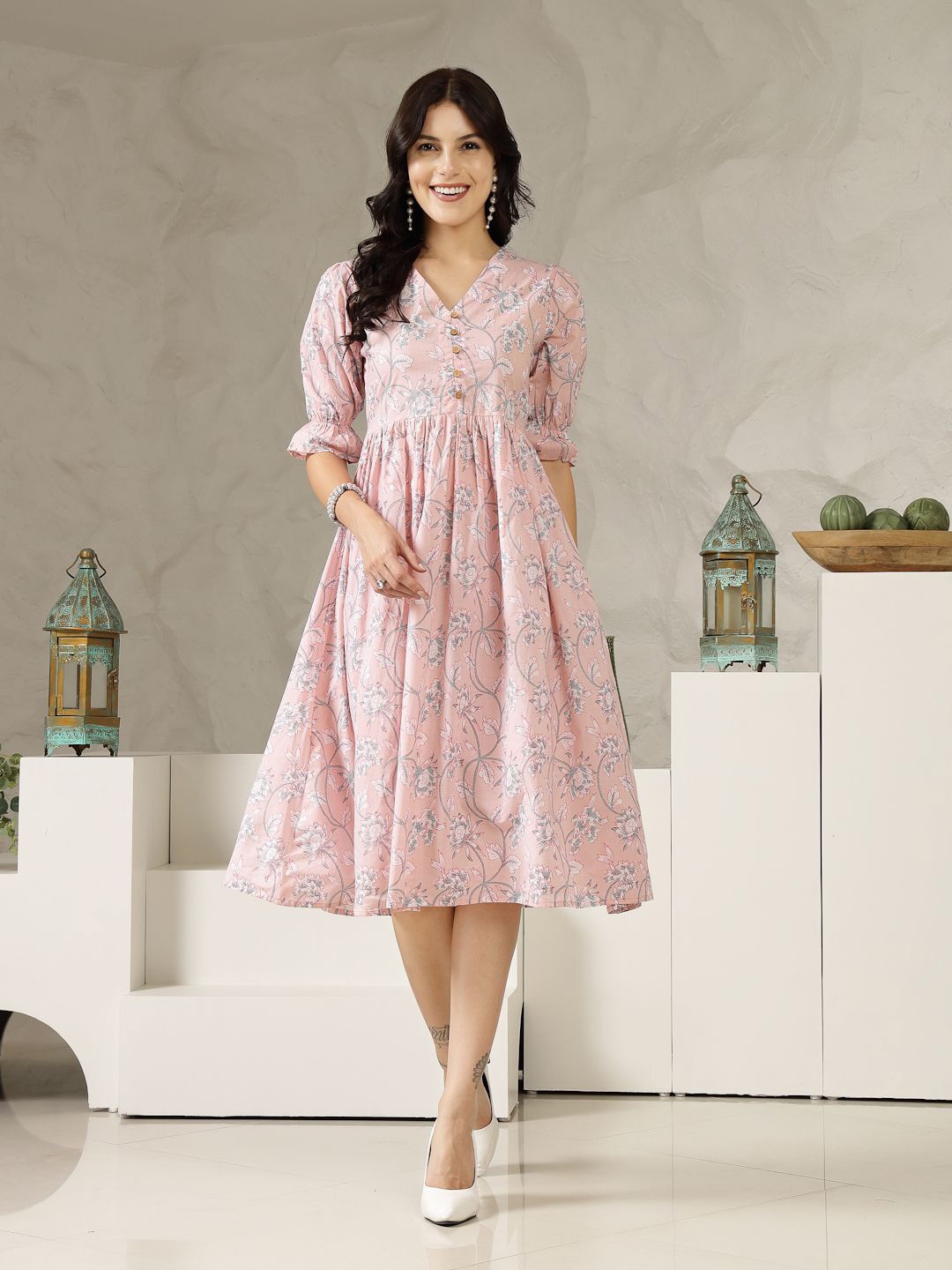 

Stylum Ethnic Motifs Print Puff Sleeve Fit & Flare Maxi Dress, Pink
