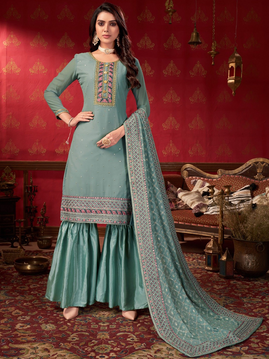 

VARNI FABRICS Floral Embroidered Sequinned Semi-Stitched Dress Material, Blue