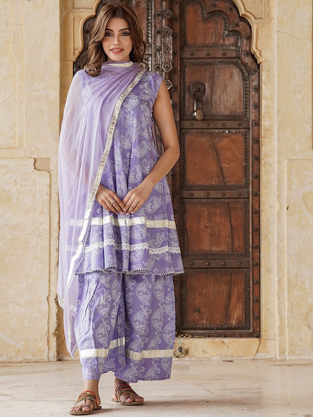 

KALINI Paisley Printed Notch Neck A-Line Kurta With Sharara & Dupatta, Purple