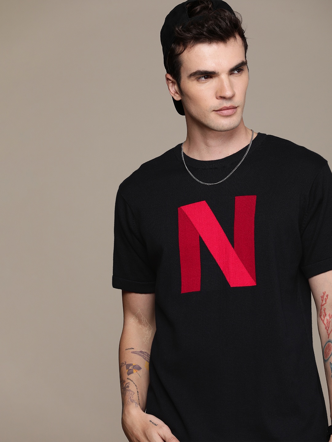 

WROGN X Netflix Embroidered Pure Cotton Slim Fit T-shirt, Black