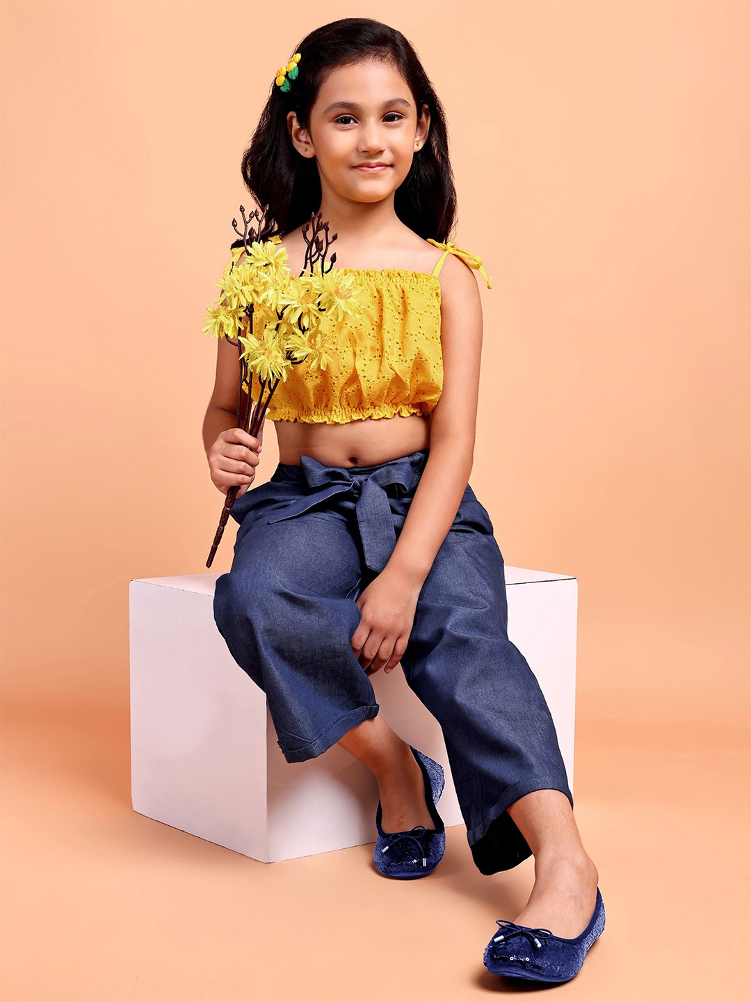 

YK Girls Self Design Shoulder Straps Schiffli Top With Denim Palazzos, Yellow
