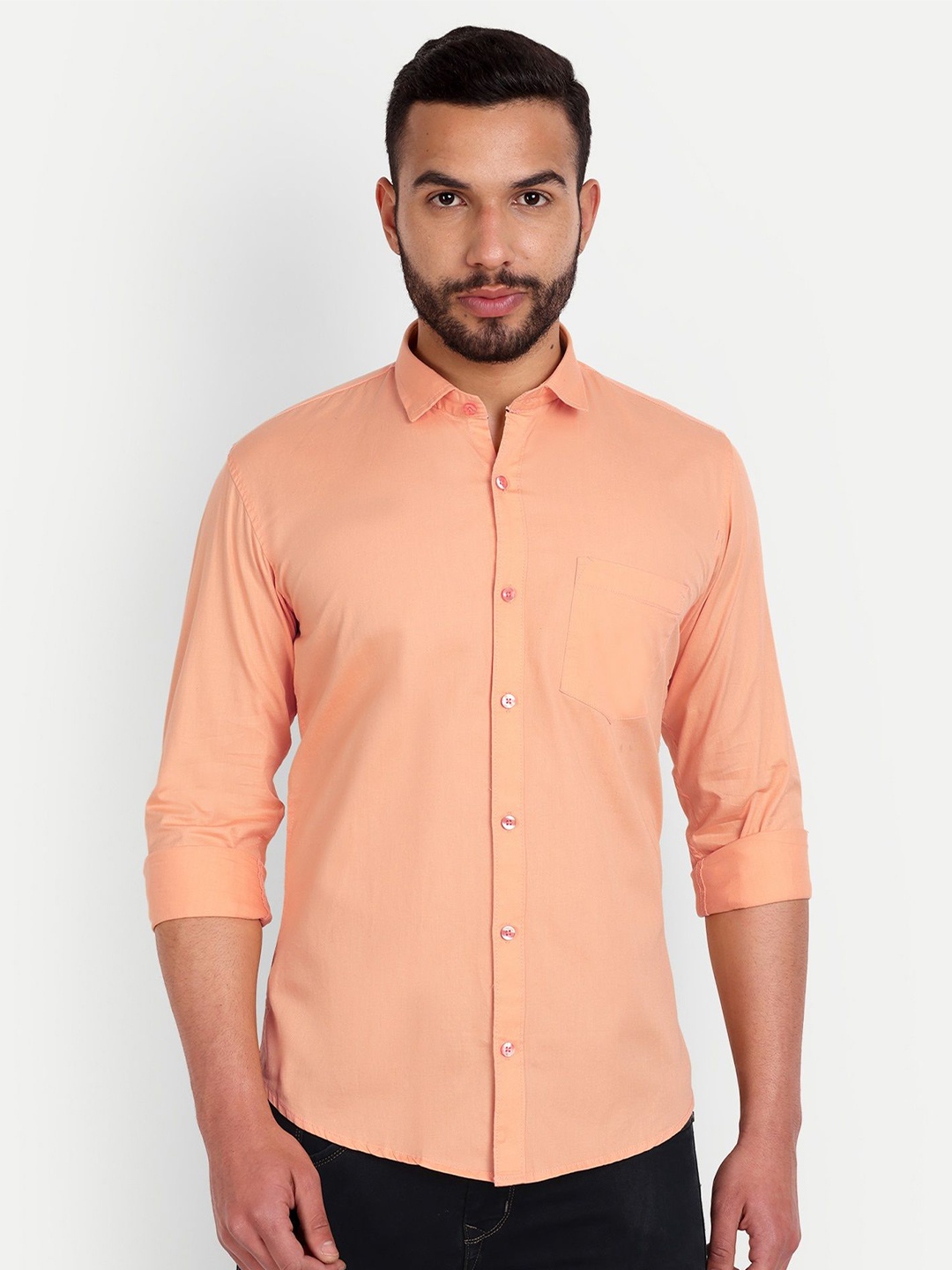 

MEGHZ Men Slim Fit Opaque Casual Shirt, Orange