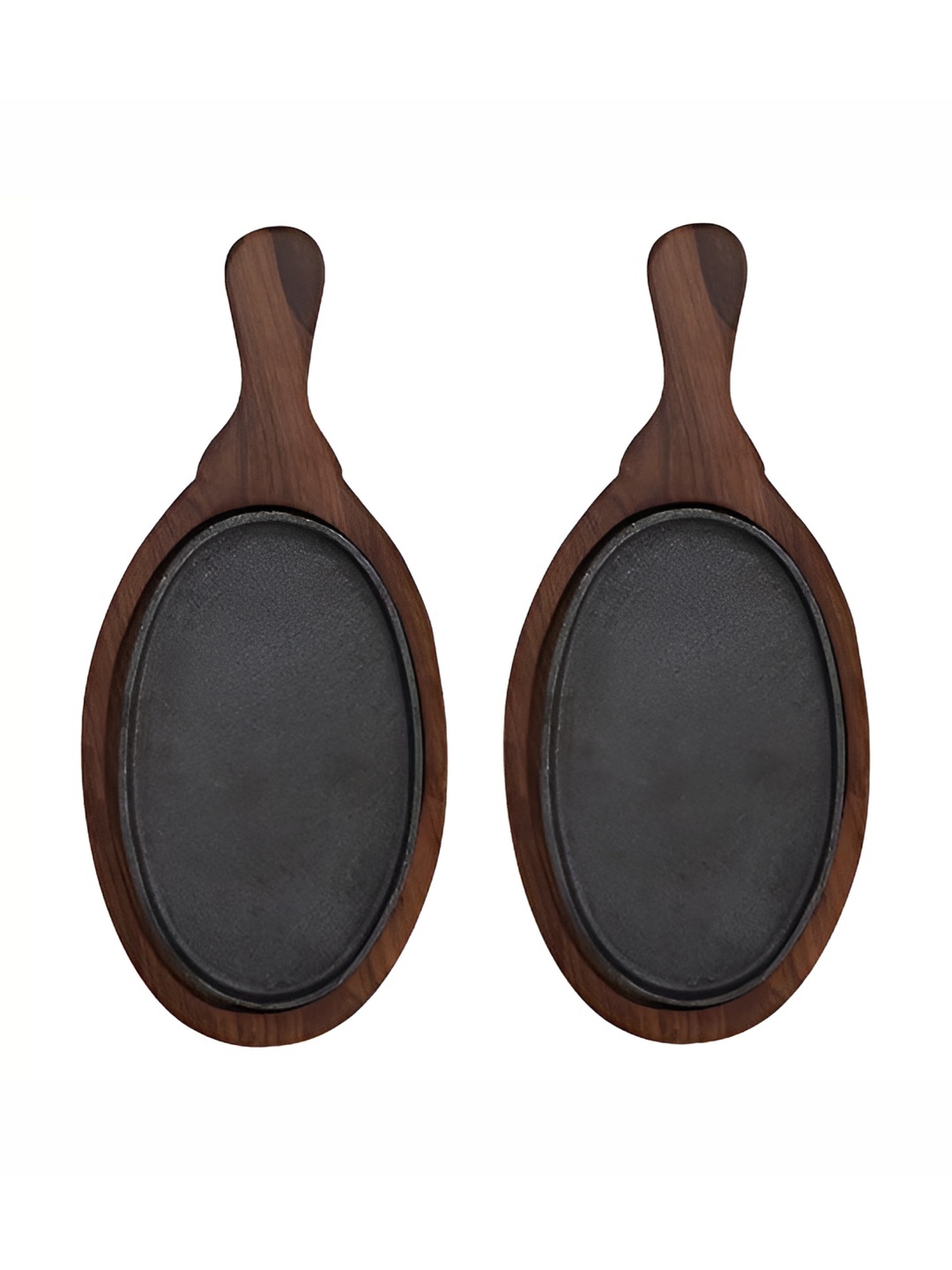 

e kysa Brown 2 Pieces Oval Shaped Cast Iron Wooden Base Sizzler Plate with Handle