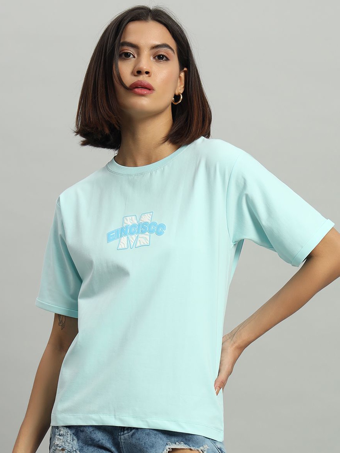 

AECK Women Typography Printed Round Neck Cotton T-Shirt, Blue