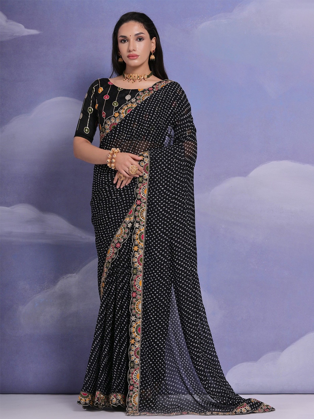 

Panzora Bandhani Sequinned Saree, Black