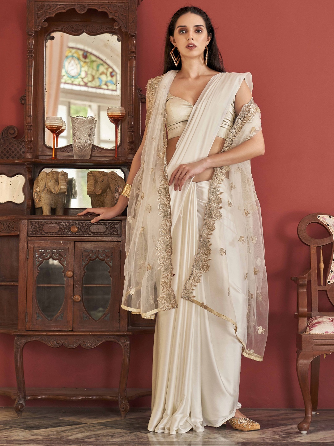 

Tikhi Imli Embellished Embroidered Satin Saree, White