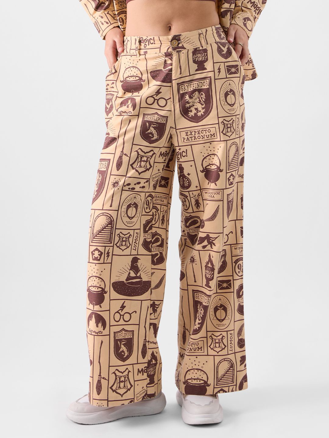 

The Souled Store Women Conversational Printed Straight Fit Trousers, Beige