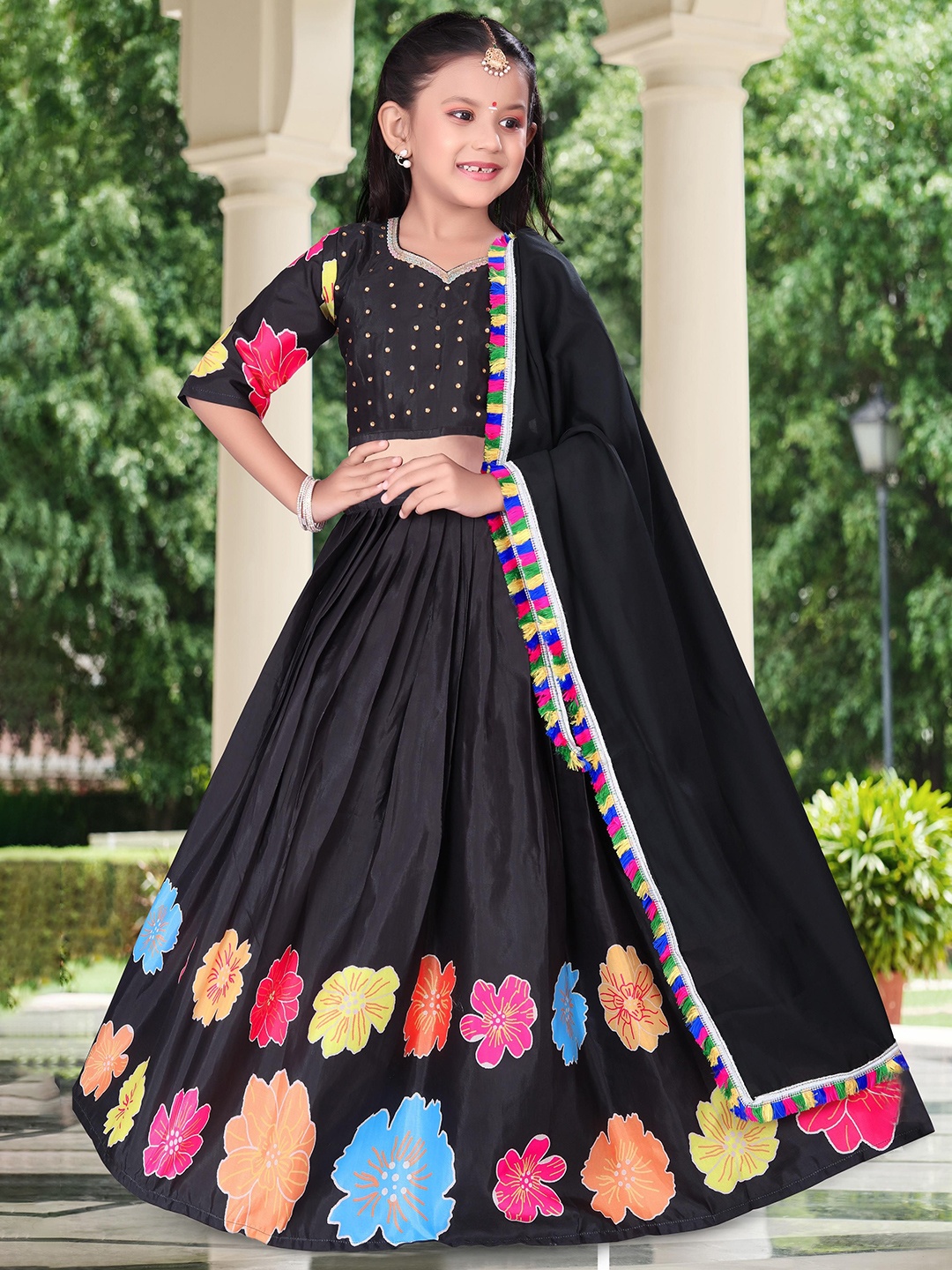 

BAESD Girls Embellished Mirror Work Ready to Wear Lehenga & Blouse With Dupatta, Black