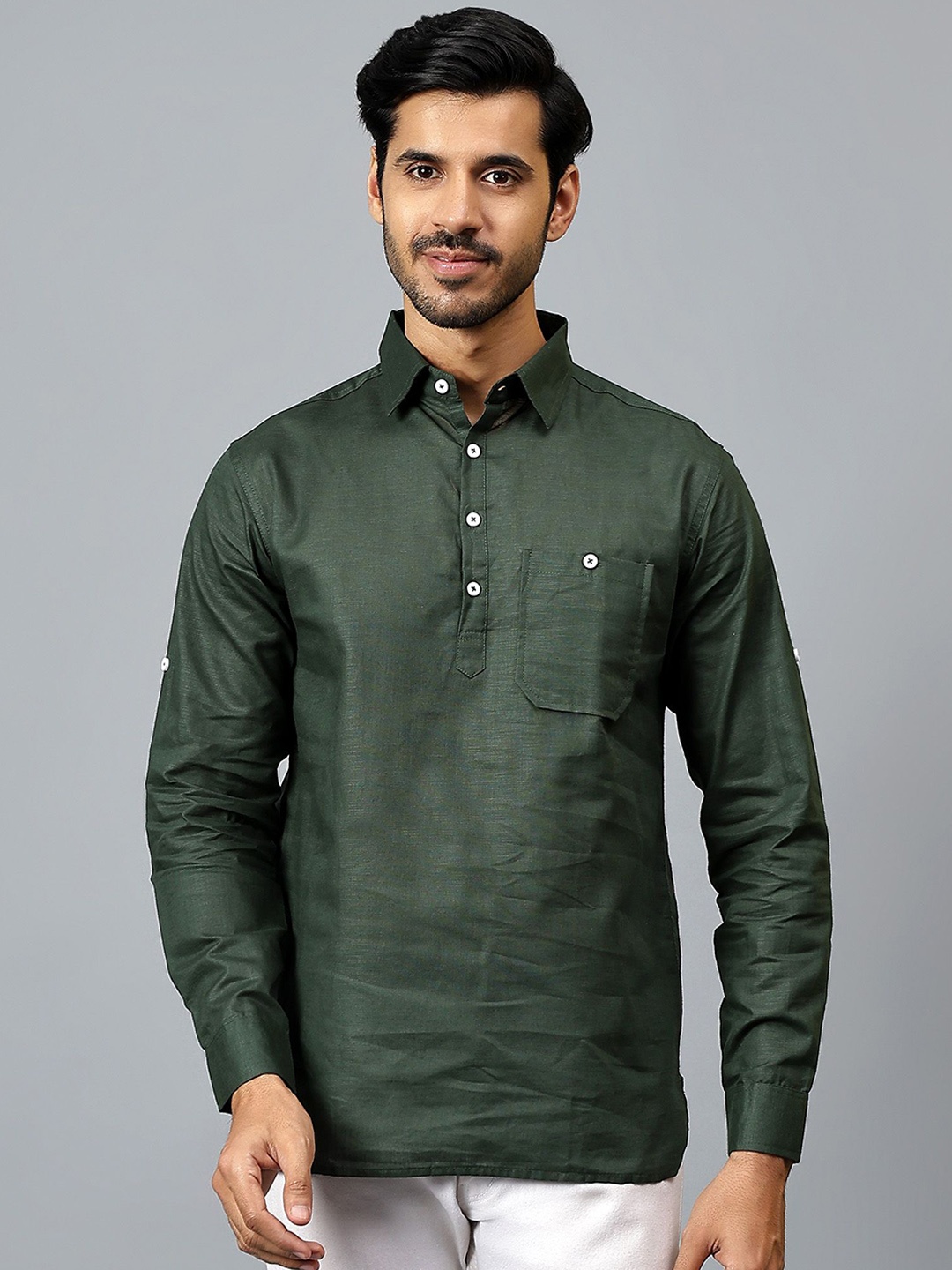 

Yugnik Spread Collar Roll-Up Sleeves Cotton Kurta, Green